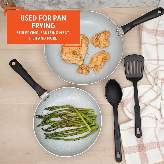 IMUSA Premier Cera Aluminum Gray Ceramic Fry Pan Set & Kitchen Tools | 8 in and 10 in Fry Pans, Stay-Cool Handles, Includes Utensils, Ideal for Kitchen Cooking, Ceramic Nonstick Coating