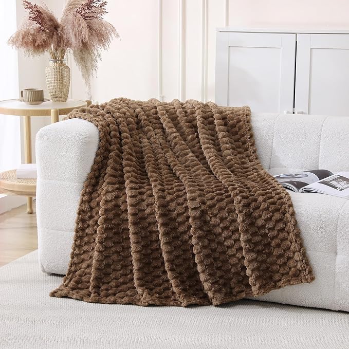 Brown Fleece Throw Blanket 50”×60” for Couch Sofa Bed | Super Soft Cozy Plush Microfiber Flannel Blanket with 3D Jacquard Decorative Lightweight for Mom Woman
