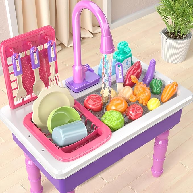Play Kitchen Sink Toys, Electric Dishwasher Playing Toy with Running Water, Play Food & Tableware Accessories, Kitchen Set Toys, Role Play Sink Set for Toddlers Kids Boys Girls