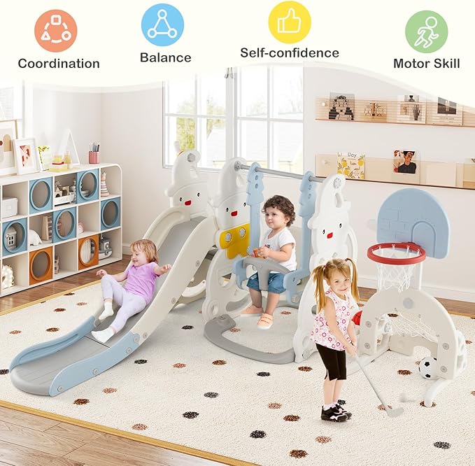 Costzon Toddler Swing and Slide Set, 7 in 1 Toddler Slide for Kids w/Height Adjustable Basketball Hoop & Swing, Climber, Golf, Soccer, Ring Tossing, Freestanding Indoor Playground for Girls & Boys