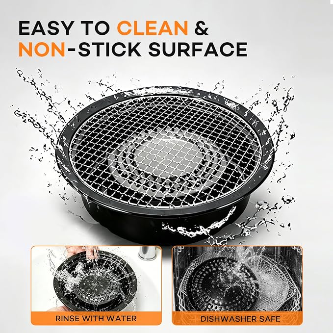 Korean Cookware Aburi Stove Top Grill Pan, Round Cooking Chamber Indoor BBQ Japanese Grill Pan, Includes Two Steel Screens & Grill Plate Handle, Outdoor Camping Grilling, Picnic Cooking, Black