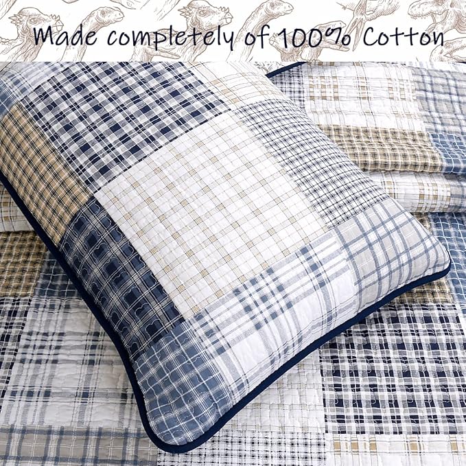 Cozy Line Home Fashions Benjamin Cute Dinosaur Plaid Navy Blue White Grey Bedding Quilt Set 100% Cotton Reversible Coverlet Bedspread Set for Kids Boy(Twin - 2 Piece)