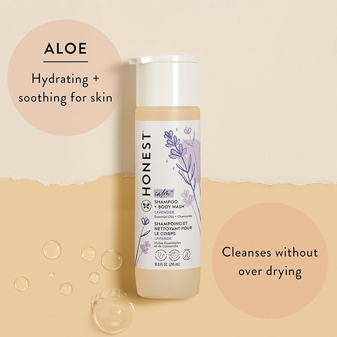 The Honest Company 2-in-1 Cleansing Shampoo Body Wash Gentle for Baby, Naturally Derived, Tear-free, Hypoallergenic, Lavender Calm, 18 fl oz