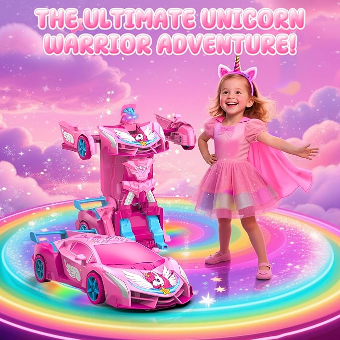 Unicorn Transform RC Cars for Girls Toys with Rainbow Eyes & Underbody Lights, Fast 360°Rotation & 2.4GHz Robot Remote Control Car One-Button Deformation,Stocking Stuffers for 3-12 Year Old Girl Gifts