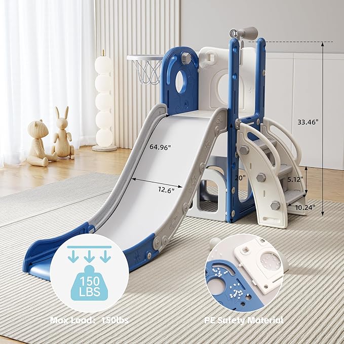 6 in 1 Toddler Slide, Indoor Outdoor Playground for Kids 1-3, Baby Slide with Basketball Hoop, Storage, Climber and Telescope, White Blue