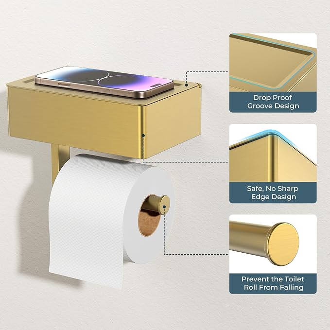 FORIOUS Toilet Paper Holder with Shelf, Sanitary Napkin Receptacle Tampon Holder, Wall Mount Toilet Paper Holder with Storage, Flushable Wipes Dispenser Fits for Bathroom Commercial(2, Brushed Gold)