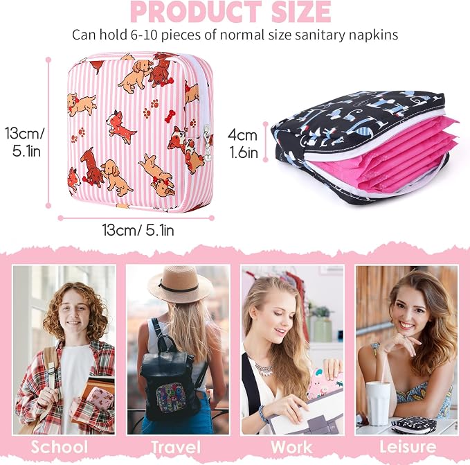 Sanitary Pad Storage Bag Portable Period Bag for Teen Pads/Sanitary Napkins/Small Tampons, Sanitary Napkin Storage Bag First Period Gifts for Teen Girls (Colored Puppy)