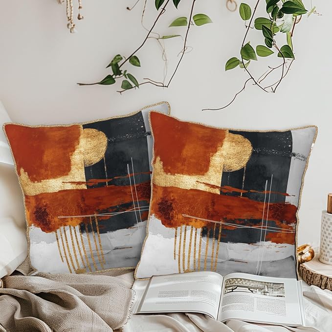 Retro Burnt Orange Gold Velvet Pillow Covers 16x16 Inch Abstract Rust Gray Black Throw Pillows For Couch Cushion Covers Pillowcase Rustic Farmhouse Pillow Cases for Sofa Bed Living Room Outdoor