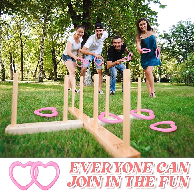 RoundFunny 24 Pcs Valentine‘s Day Heart Shaped Inflatable Ring Toss Pink Heart Plastic Rings for Games Fun Target Toy Toss Games for Party Favor Garden Backyard Outdoor