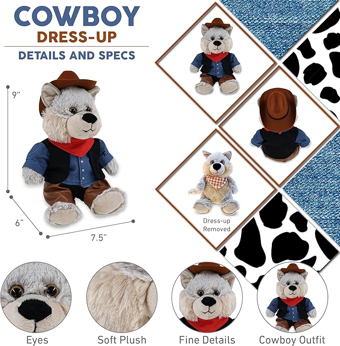 DolliBu Sitting Wolf Stuffed Animal Cowboy Plush with Name Personalization - Western-Themed Wolf Plush with Cute Cowboy Costume Denim Shirt Vest, Bandana, Leather Pants, and Hat - 9 Inches