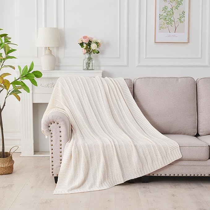 Douceur Cream Throw Blanket for Couch, Soft Cozy Lightweight Stripe Pattern Knitted Throw Blanket for Sofa, Living Room, 50"X60"