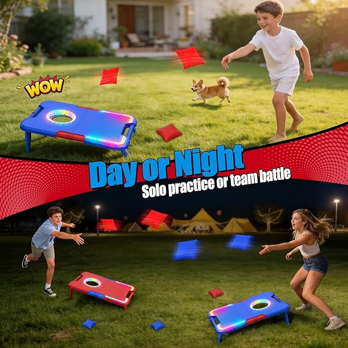 TERRAMUS Light-Up Cornhole Board Set, Corn hole Sets with Sound Effects, 2 Foldable Boards & 8 Bean Bags, Portable Outdoor Toss game, Backyard Party Camping Toys Gifts for Kids,Teens,Family,Ages 6-12+