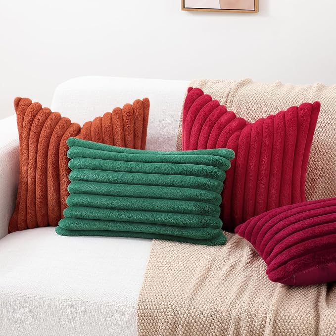 decorUhome Fall Faux Fur Throw Pillow Covers 20x20 Set of 2 Red | Decorative Soft Cozy Striped Plush Modern Farmhouse Boho Couch Pillow Cases Velvet Back for Sofa Bed Living Room Home Decor