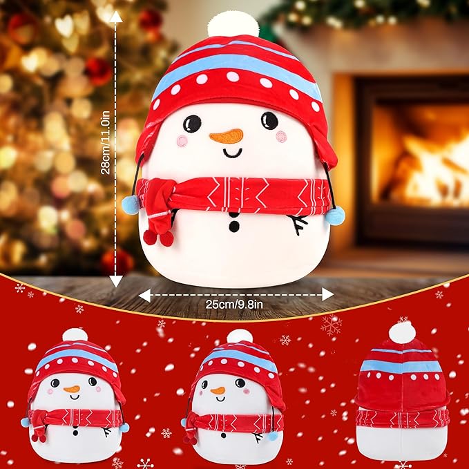Christmas Snowman Plush Toy: 10-Inch Cute Winter Snowman Stuffed Animal with Red Christmas Hat and Scarf, Soft and Cuddly Plush Pillows Holiday Birthday Decoration Gifts for Kids Girls Boys
