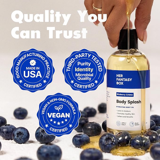Her Fantasy Box | Body Splash Blueberry Crème Fragrance Oil – Fruity Creamy Berry Scent with Vanilla Sugar & Citrus Notes, Lightweight Hydrating Body Oil, Vegan & Cruelty Free
