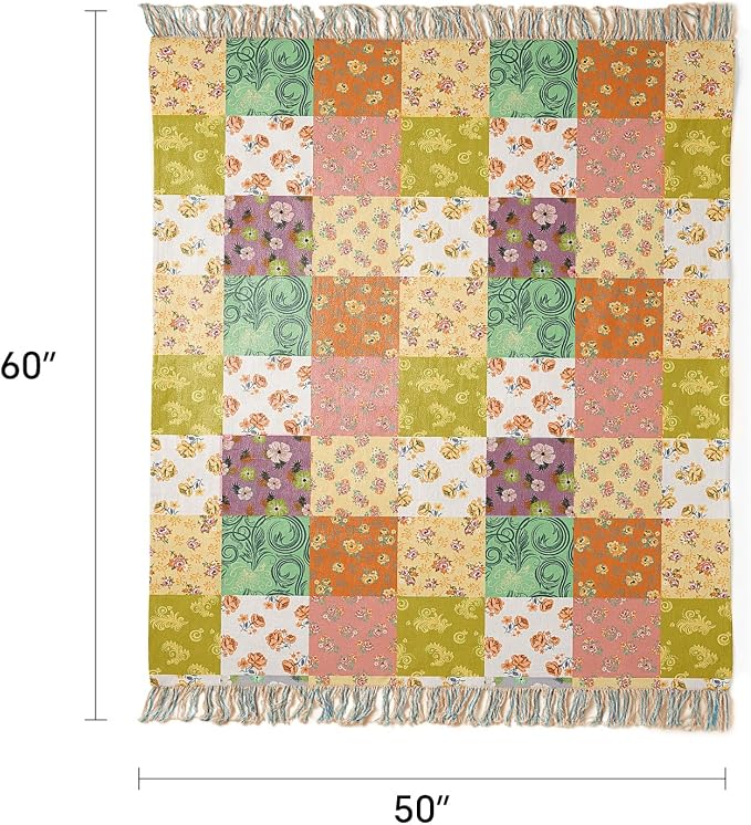 RILIHO 100% Cotton Boho Throw Blanket for Home Decor – Classic Farmhouse Quilt Bedding, Muslin Blankets for Adults, Vintage Woven Decorative Blanket for Couch, Bed Layering Use, Patchwork, 50"x60"