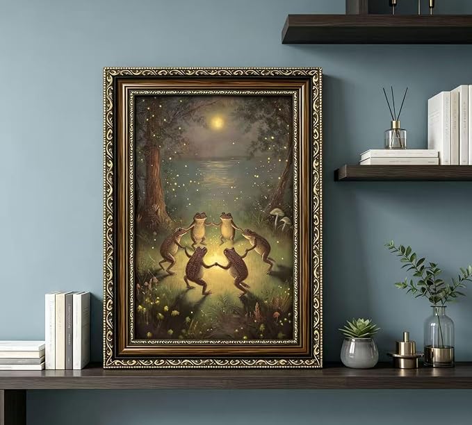 Vintage Gold Framed Frog Wall Art,Frogs Dancing in Moonlight Forest Painting Canvas Prints,Whimsical Animal Wall Decor,Retro Country Toad Poster Artwork for Corridor Living room Bedroom Kitchen