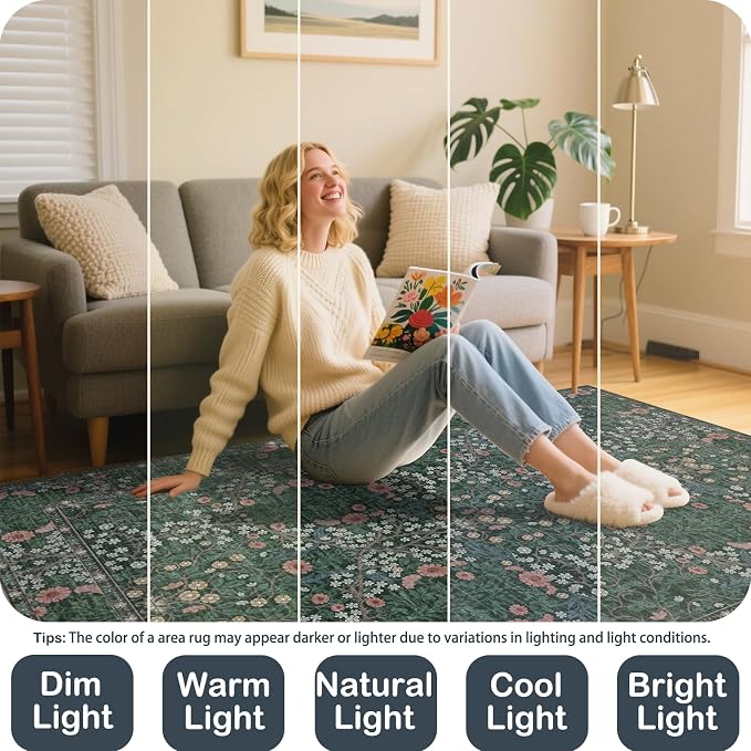 Vintage Green Living Room Rug, 6x9 Washable Area Rugs for Dining Room Under Table, Soft Low Pile Large Carpet Bedroom, Non-Slip Boho Floral (6 x 9 Green)