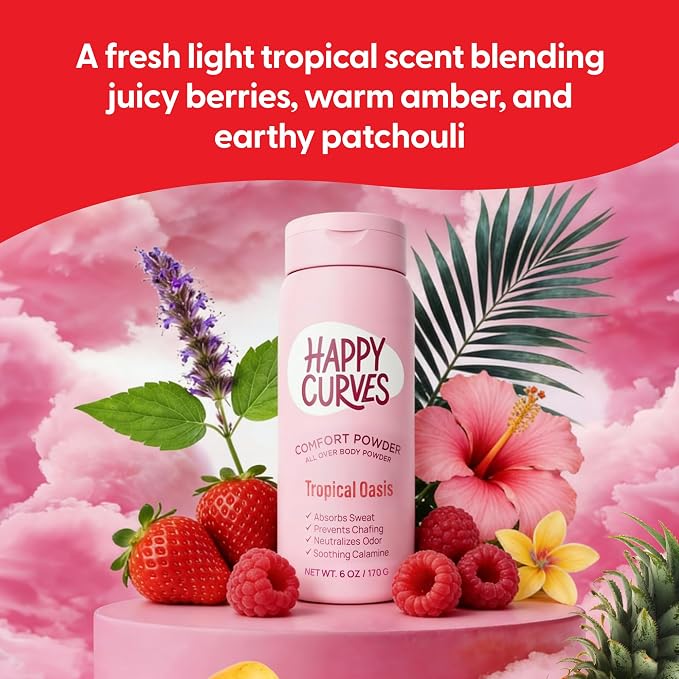 HAPPY CURVES Comfort Powder: Talc Free Anti Chafe Body & Foot Dusting Powder Deodorant to Control Inner Thigh Chafing, and Private Areas 6oz (Pack of 1) - Tropical Oasis