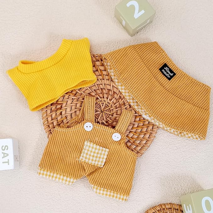 Doll Clothes for 17cm Dolls, Cute Outfit Set with Accessories, Bucket Hat and Overalls (No Doll) (Yellow Overalls Set)
