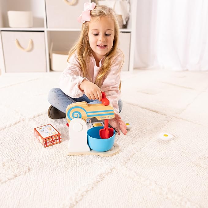 Melissa & Doug Wooden Make-a-Cake Mixer Set (11 pcs) - Play Food and Kitchen Accessories - FSC Certified