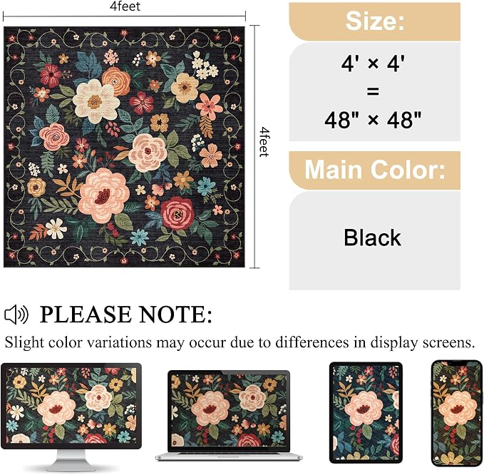 DUKINO 4x4 Square Area Rug, Soft Floral Washable Rug for Entryway, Black | Non Slip, Low Pile, Stain Resistant Indoor Rug for Kitchen, Bedroom, Living Room, Nursery, Pet Friendly, Modern Home Decor