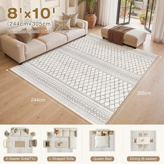cotiled 8x10 Area Rugs Living Room Rug: Washable Boho Rugs with Non Slip Backing Large Soft Indoor Stain Resistant Carpet for Bedroom Farmhouse Dining Room Lightweight Home Decor Beige/Gray
