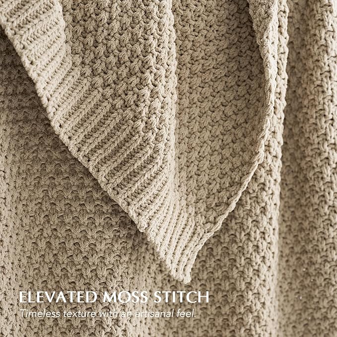 EVERGRACEHOME Chunky Chenille Knit Throw Blanket, 50 x 60, Sand Dune | Sculpted Moss Stitch, Chic Modern Farmhouse, All-Season Warmth, OEKO-TEX® Certified, Elegant Blanket for Couch, Bed, Sofa