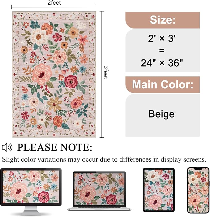 DUKINO 2x3 Entryway Rug, Floral Door Mat Soft Washable Rug Non Slip, Beige | Low Pile, Non-Shedding Small Rug for Kitchen, Entrance, Bedroom, Bathroom, Pet Friendly, Stain Resistant, Modern Home Decor