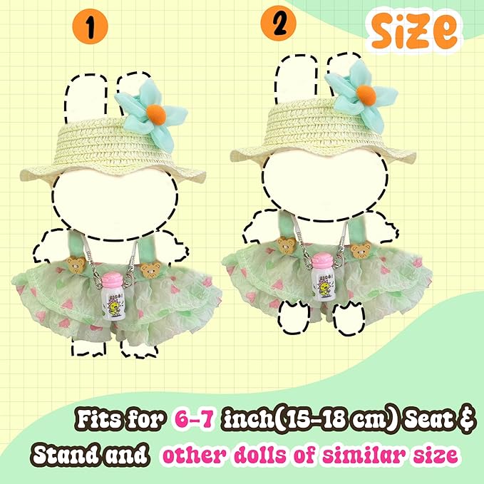 17cm Doll Clothes 4 PCs Accessories Outfits Green Dress Straw Hat Flower Clip Bottle Clothing Set for Keychain,No Doll(Green)