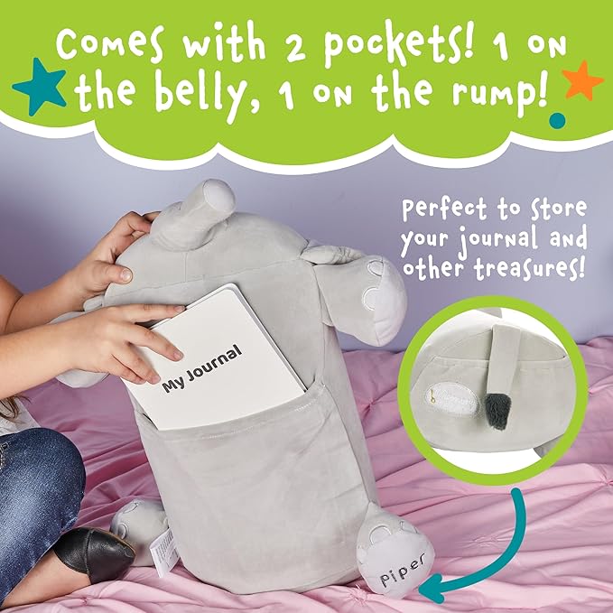 Cuddly Memory Foam Pillow Plush with Belly Pocket, Kids Pillow for Hugging Sleeping & Storing Diary, 15” Stuffed Animal & Journal Set - Piper The Elephant