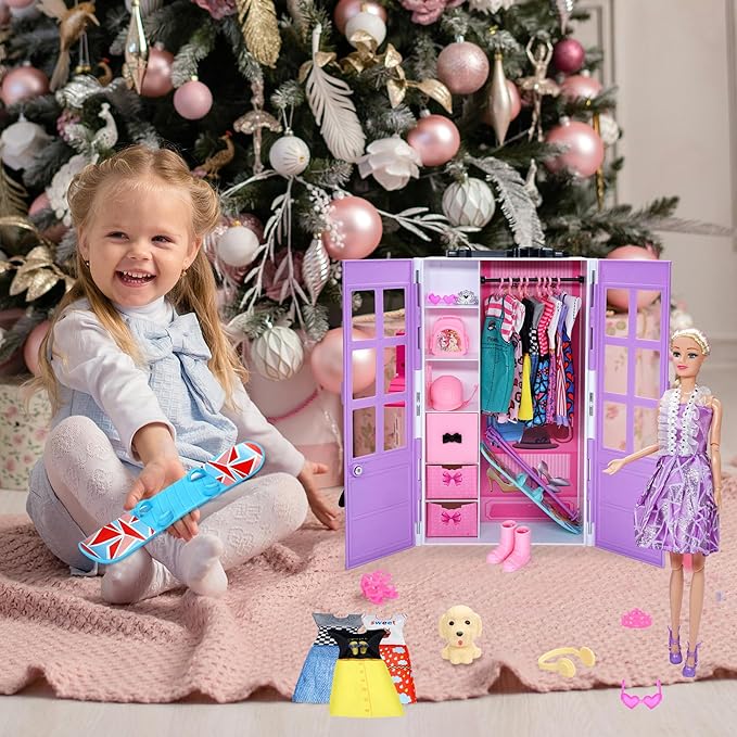 Doll Closet Clothes and Accessories - 135Pcs with Dolls Storage Organizer Wardrobe Sets, Princess Fashion Pack Playset Including Wedding Gowns/Dresses/Shoes/Outfit, Birthday Girls Gifts Age 345678