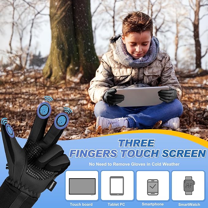 Sukeen Kids Winter Warm Gloves for Boys Girls Windproof PU Cold Weather Gloves Aged 4-14 Anti-Slip Gloves for Cycling Outdoor