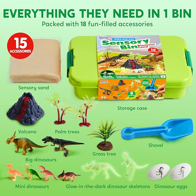 JOVA Klever Kits Dinosaurs Sensory Bin Toys for Toddlers with Glow in The Dark Dinosaurs, Sandbox with Lid Sand, Preschool Learning Activities Gifts for Boys Girls Age 3+