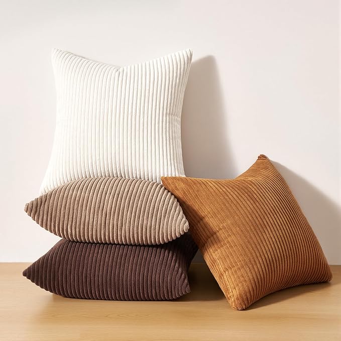 Topfinel Gold Brown Gradient Fall Pillow Case Rustic Throw Pillow Covers 22x22 Inch Set of 4 Soft Farmhouse Corduroy Striped Decorative Cushion Cover for Sofa Couch Living Room Bedroom