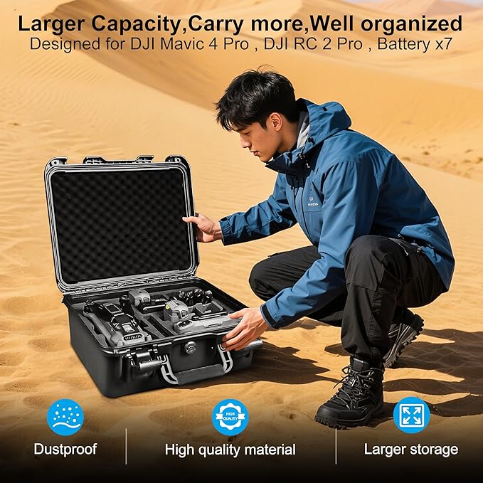 Lekufee Waterproof Hard Carrying Case for DJI Mavic 4 Pro Drone, Creator Combo, Fly More Combo, DJI RC Pro 2/RC 2, Battery (7 pcs), Charging Hub, and other Accessories(Case Only)