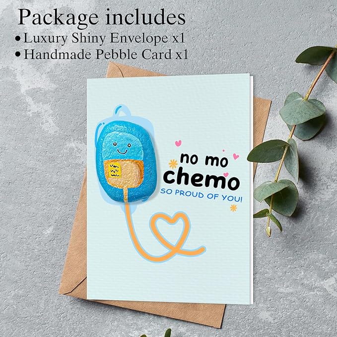 Handmade Pebble “No More Chemo” Card – Cancer Survivor Congratulations Gift – Encouragement Card for End of Chemotherapy – Unique Supportive Keepsake for Friends, Family, or Coworkers