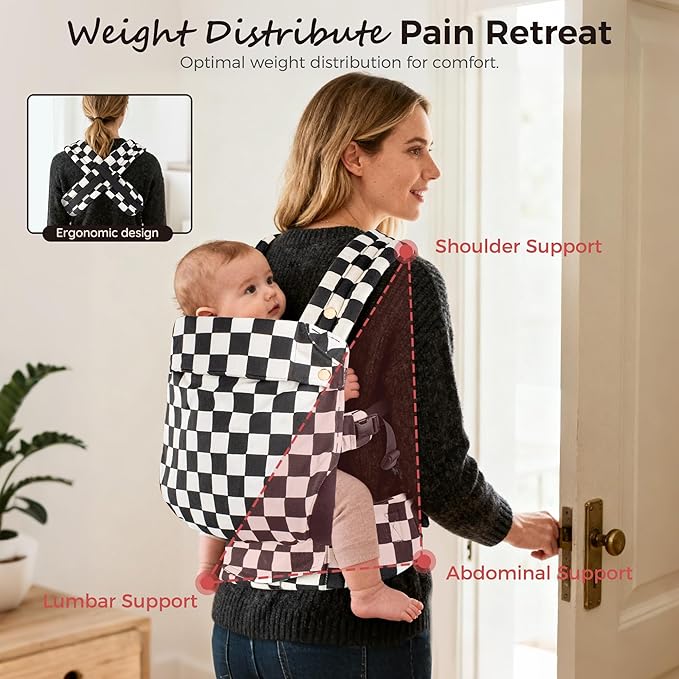 Baby Carrier Newborn to Toddler- Ergonomic,Cozy and Lightweight Infant Carrier for 7-40lbs,3 Carry Positions Newborn Carrier,Checkerboard