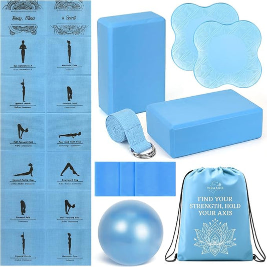 Foldable Yoga Mat and Blocks Set for Women with 2 Pack Yoga Blocks and Strap,Thin Non Slip Pilates Mat with Bag, Home Workout Equipment Essentials Starter Kit for Beginners Full Body Toning