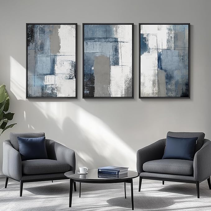 Large Framed Blue and Grey Abstract Wall Art for Living Room, 3 Piece Modern Canvas Prints Paintings Artwork for Walls, Minimalist Abstract Pictures Wall Decor for Hallway Office Bedroom 24x36 In