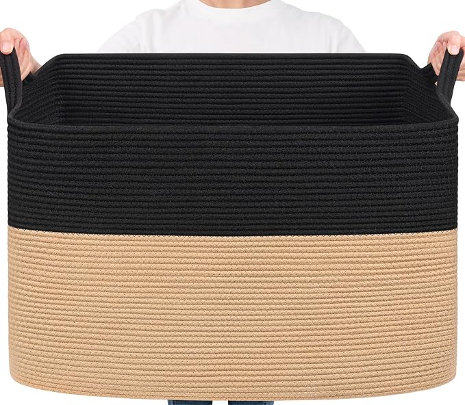 Goodpick 105L Extra Large Woven Blanket Basket Cotton Rope Storage Baskets for Organizing, Kids Toy Storage Organizer for Living Room Nursery, 25"x16"x16", Black & Jute