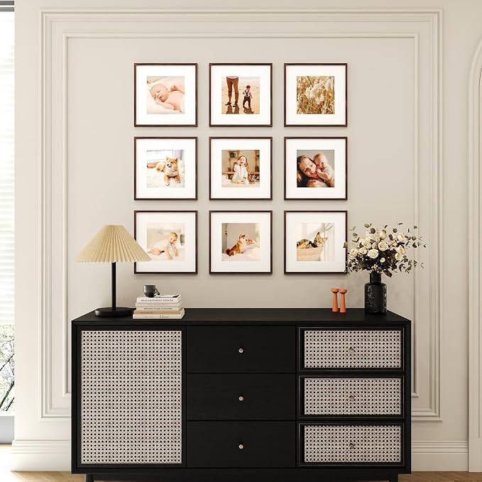 10x10 Picture Frame Set of 9, Display Pictures 8x8 with Mat or 10x10 without Mat, Multi Collage Gallery Square Photo Frames for Wall or Tabletop, Brown