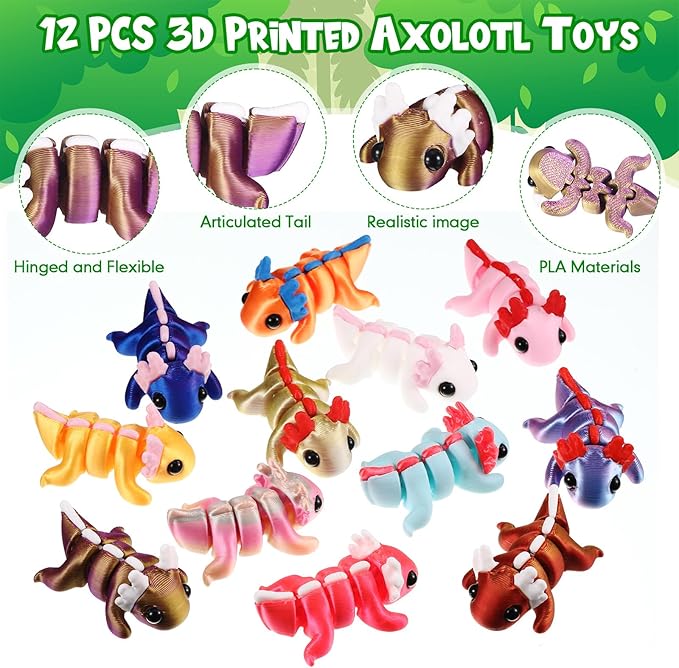 Honoson 12 Pcs 3D Printed Fidget Toy 3D Printed Axolotl Small Animal Toy Flexible Cute Articulating Pet Stress Relief Fidget Toys for Play and Display(5cm)