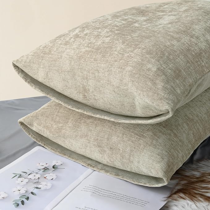 CaliTime Decorative Standard Throw Pillow Covers 26 X 20 Inches Light Taupe | Pack of 2, Cozy Chenille Cushion Cases for Sofa Bed Living Room Farmhouse Home