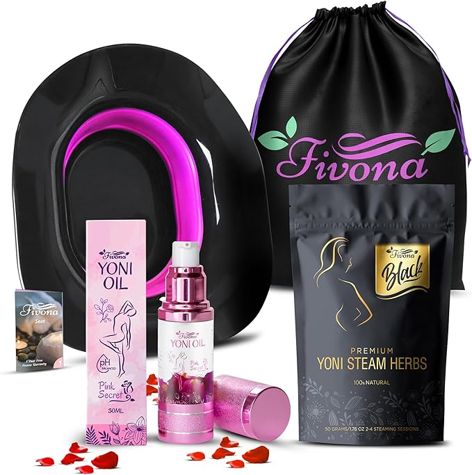 Fivona Black 4-in-1 Yoni Care Steam Kit Includes Feminine V Oil, Sitz Bath Seat, Yoni Steaming Herbs and Storage Bag - Effective Detox pH Balance Cleansing and Moisturizing