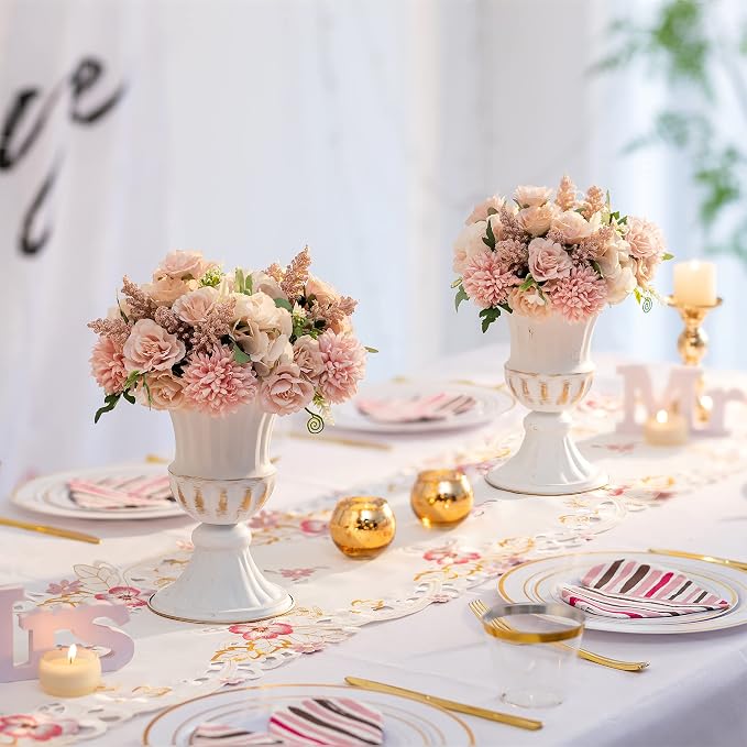 Sziqiqi White Metal Vase for Centerpiece, Table Flower Arrangements, 2Pcs | 9in Tall Compote Vase, Trumpet Urn Vase for Decoration, Planter Pot for Artificial Flower, For Reception, Home, Party Decor