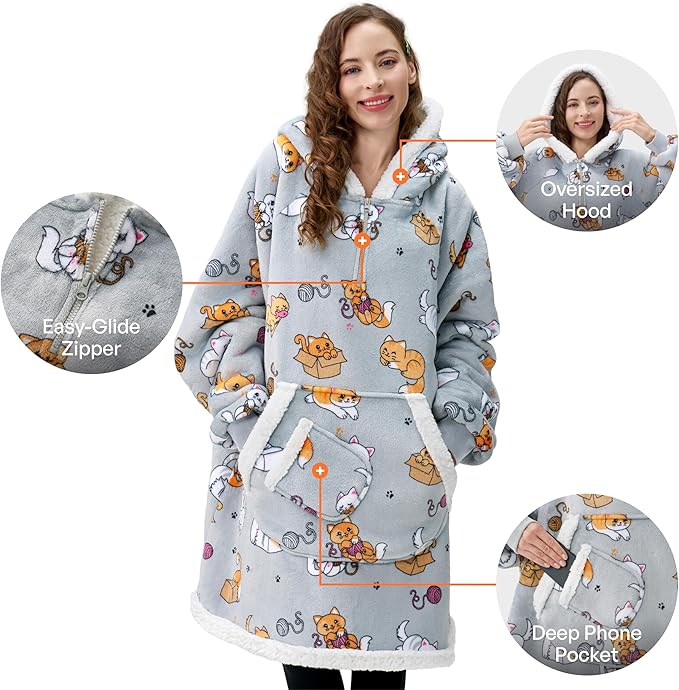 Giggling Getup Wearable Blanket Hoodie for Adults Gifts for Teen Girls Sister Women Sherpa Fleece Printed Hooded Blanket Sweatshirt Warm Cozy with Pocket & Sleeves Grey Cat