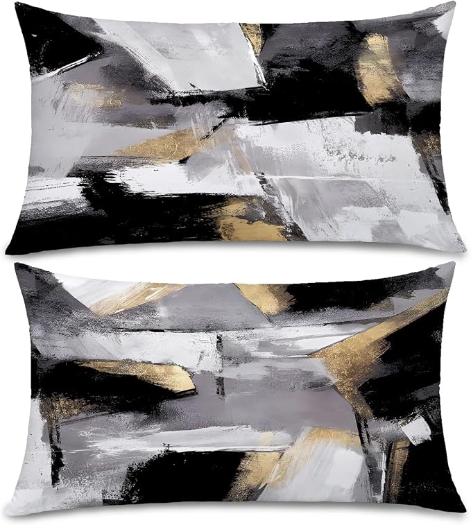 Black and White Pillow covers, Abstract White Black and Gold Pillow Covers 12x20 Set of 2, Modern Black and White Pillow Covers for Couch Bed Living Room