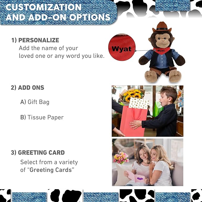 DolliBu Monkey Stuffed Animal Cowboy Plush with Name Personalization - Western-Themed Monkey Plush with Cute Cowboy Costume Denim Shirt Vest, Bandana, Leather Pants, and Hat - 9 Inches