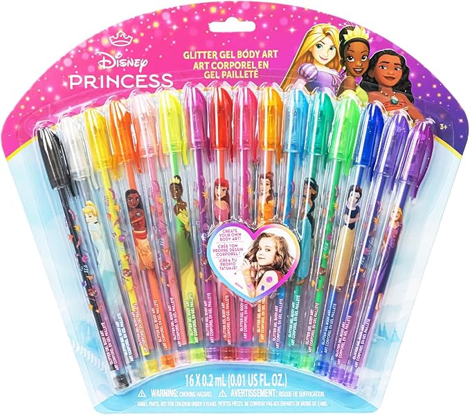 Townley Girl Disney Princess 16 Piece Glitter Pen Body Art Set, Glittery and Bright Colors, Ages 3